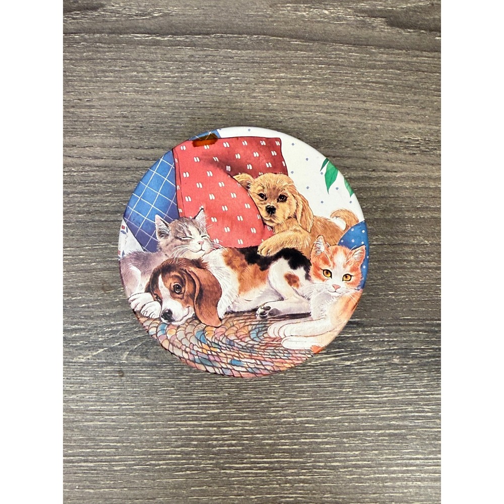 Vintage JSNY Puppy and Kitten Metal Coaster Set with Polka Dot Storage Tin 7pc